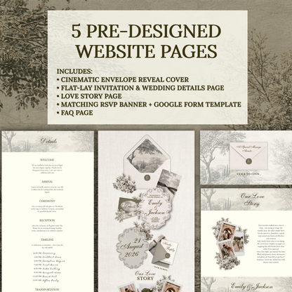 A promotional collage for a wedding website package showing the front cover, sample interior pages, envelope, and matching stationery design. The top panel reads '5 PRE-DESIGNED WEBSITE PAGES' and lists included elements such as an envelope reveal cover, flat-lay invitation, love story page, matching RSVP banner, Google Form template, and FAQ page.