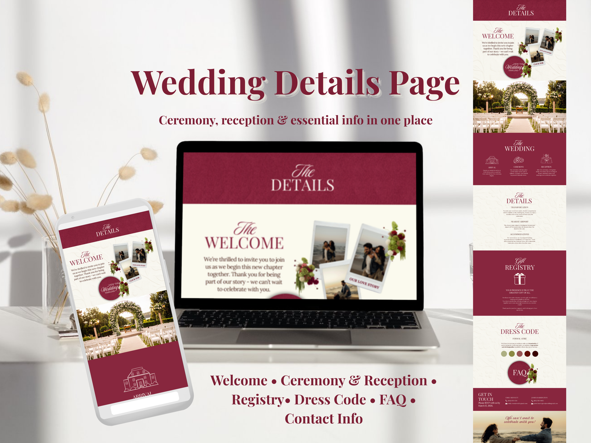 Digital mockup of a wedding details webpage shown on a laptop and smartphone, with a vertical page preview strip on the right. The design uses a deep burgundy and cream color scheme with placeholder wedding photography and text sections for welcome, ceremony & reception, registry, dress code, FAQ, and contact info.