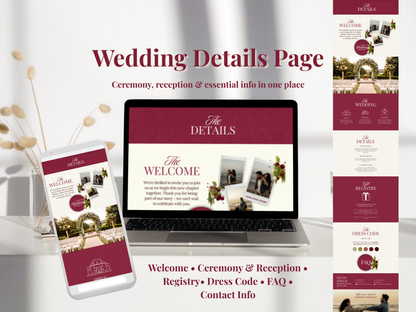 Digital mockup of a wedding details webpage shown on a laptop and smartphone, with a vertical page preview strip on the right. The design uses a deep burgundy and cream color scheme with placeholder wedding photography and text sections for welcome, ceremony & reception, registry, dress code, FAQ, and contact info.