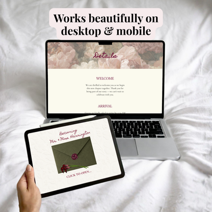 A hand holds a tablet showing a digital book or website preview, with a laptop in the background displaying the same design on desktop and mobile. The scene is set on white fabric with a text bubble that reads 'Works beautifully on desktop & mobile'.