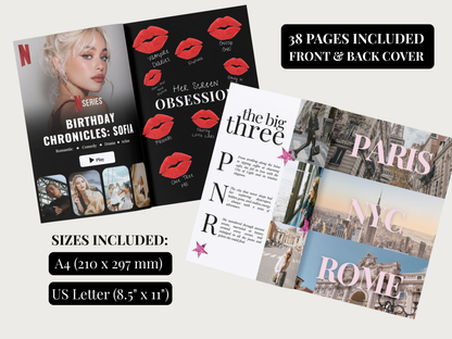 A promotional collage for a printable planner or booklet set showing multiple page designs: a black cover with red lip illustrations and the title 'Birthday Obsession,' a white page with 'The Big Three,' and a collage-style Paris/NYC/Rome travel-themed page. Text also reads '38 pages included front & back cover,' 'SIZES INCLUDED: A4 (210 x 297 mm) and US Letter (8.