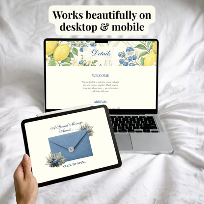 A hand holds a tablet showing a digital invitation design, with a laptop in the background displaying the same design on a white bed. Text at the top reads 'Works beautifully on desktop & mobile'.