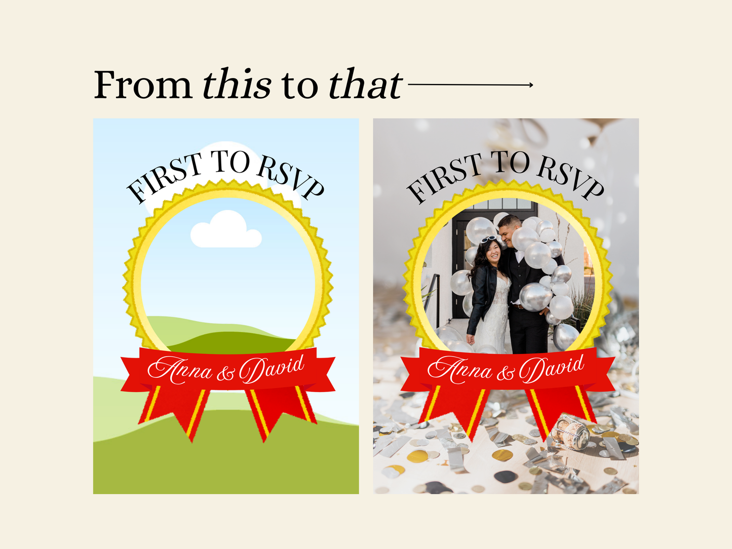 A comparison graphic titled 'From this to that' shows two wedding RSVP invitation designs side by side. The left design is a simple vector illustration with a gold circular frame, a red ribbon banner reading 'Anna & David,' and a blue sky and green hills background.