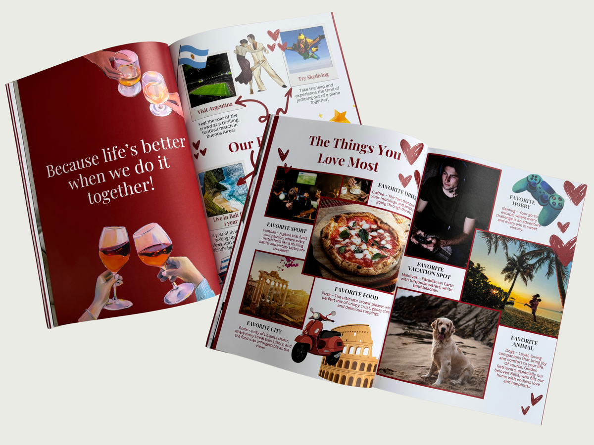 Two open printed brochures or magazines displayed on a light gray background. The left brochure has a red cover with white text reading 'Because life's better when we do it together!' and images of people clinking wine glasses.