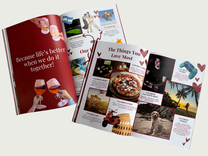 Two open printed brochures or magazines displayed on a light gray background. The left brochure has a red cover with white text reading 'Because life's better when we do it together!' and images of people clinking wine glasses.