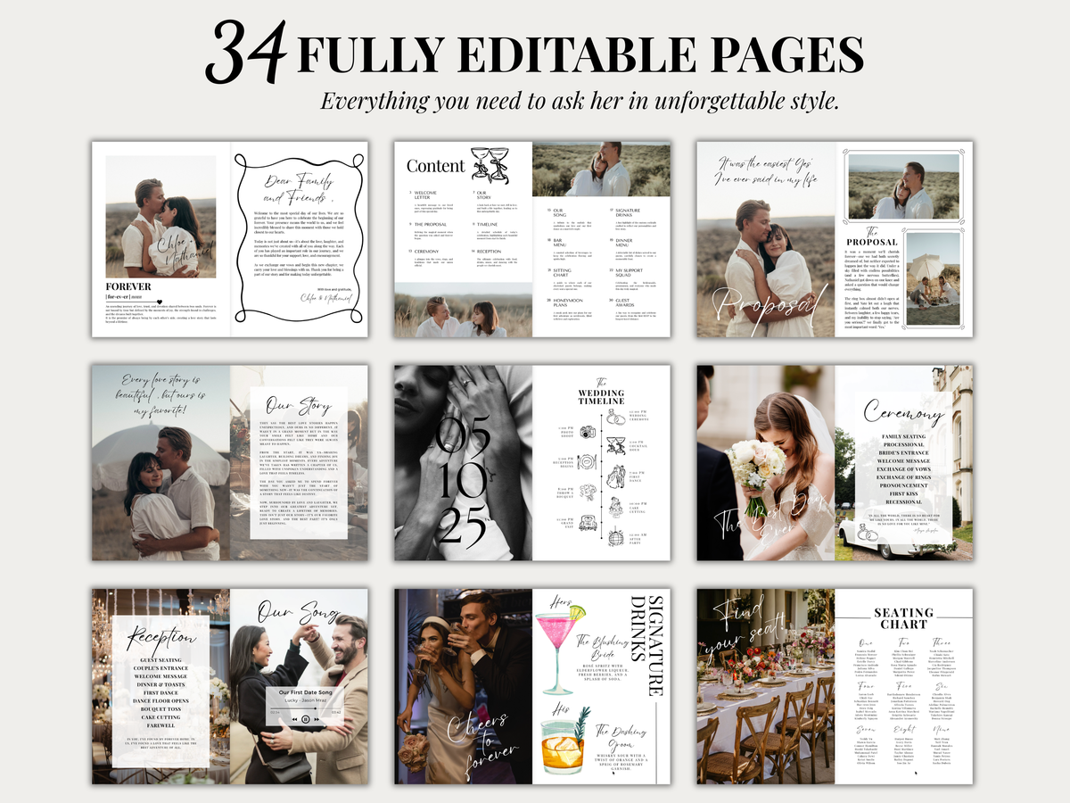 A promotional collage showing multiple wedding invitation and program page designs arranged in a grid under the headline '34 FULLY EDITABLE PAGES' on a light gray background.