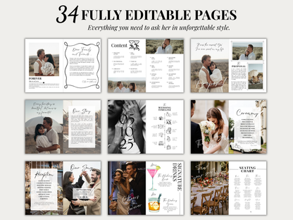 A promotional collage showing multiple wedding invitation and program page designs arranged in a grid under the headline '34 FULLY EDITABLE PAGES' on a light gray background.