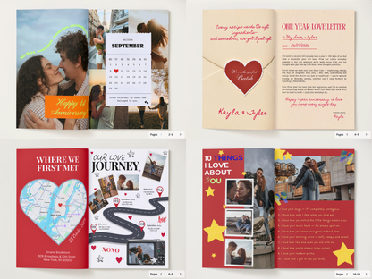 Four-page wedding invitation and keepsake booklet template layout shown in a 2x2 grid. The designs feature romantic photo collages, a red heart, a map heart, a winding road graphic, and sections for a one-year love letter and ten things about you.