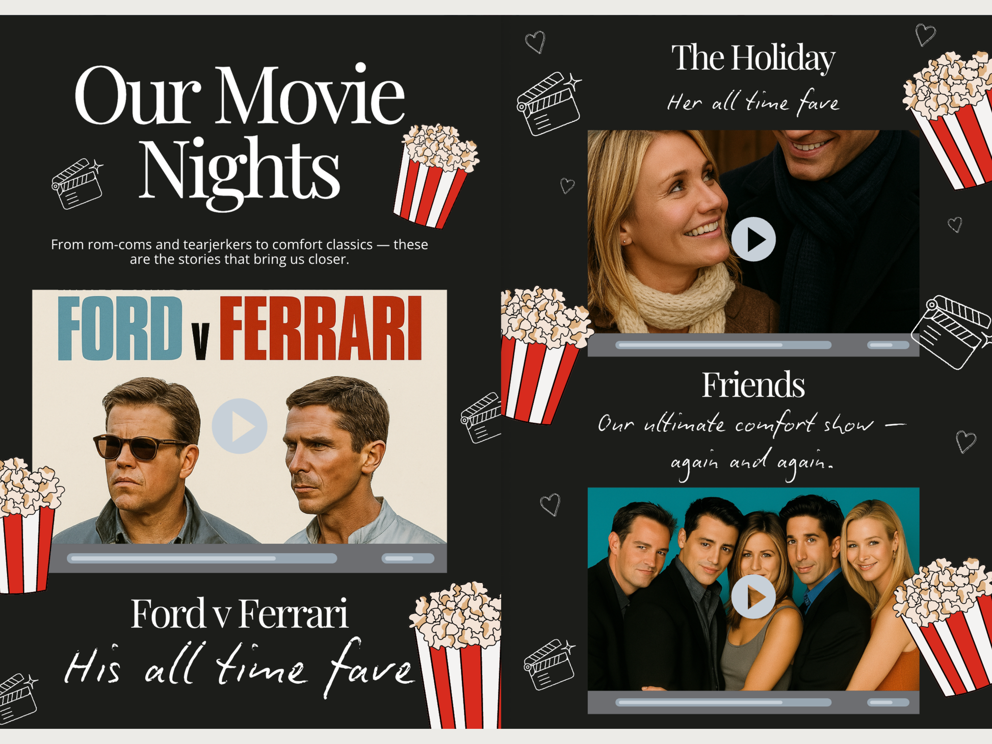 A promotional graphic for a movie night show called 'Our Movie Nights' on a dark background, featuring movie posters for 'Ford v Ferrari' and 'Friends' with popcorn bucket illustrations and text labels.