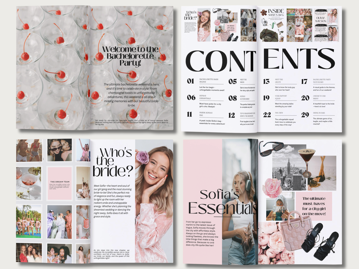 A four-panel preview of a bridal shower magazine or booklet layout, showing the front cover with a glass-and-cherry design, the table of contents page, an interior photo collage page, and a pink-themed essentials page.