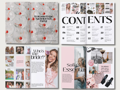 A four-panel preview of a bridal shower magazine or booklet layout, showing the front cover with a glass-and-cherry design, the table of contents page, an interior photo collage page, and a pink-themed essentials page.