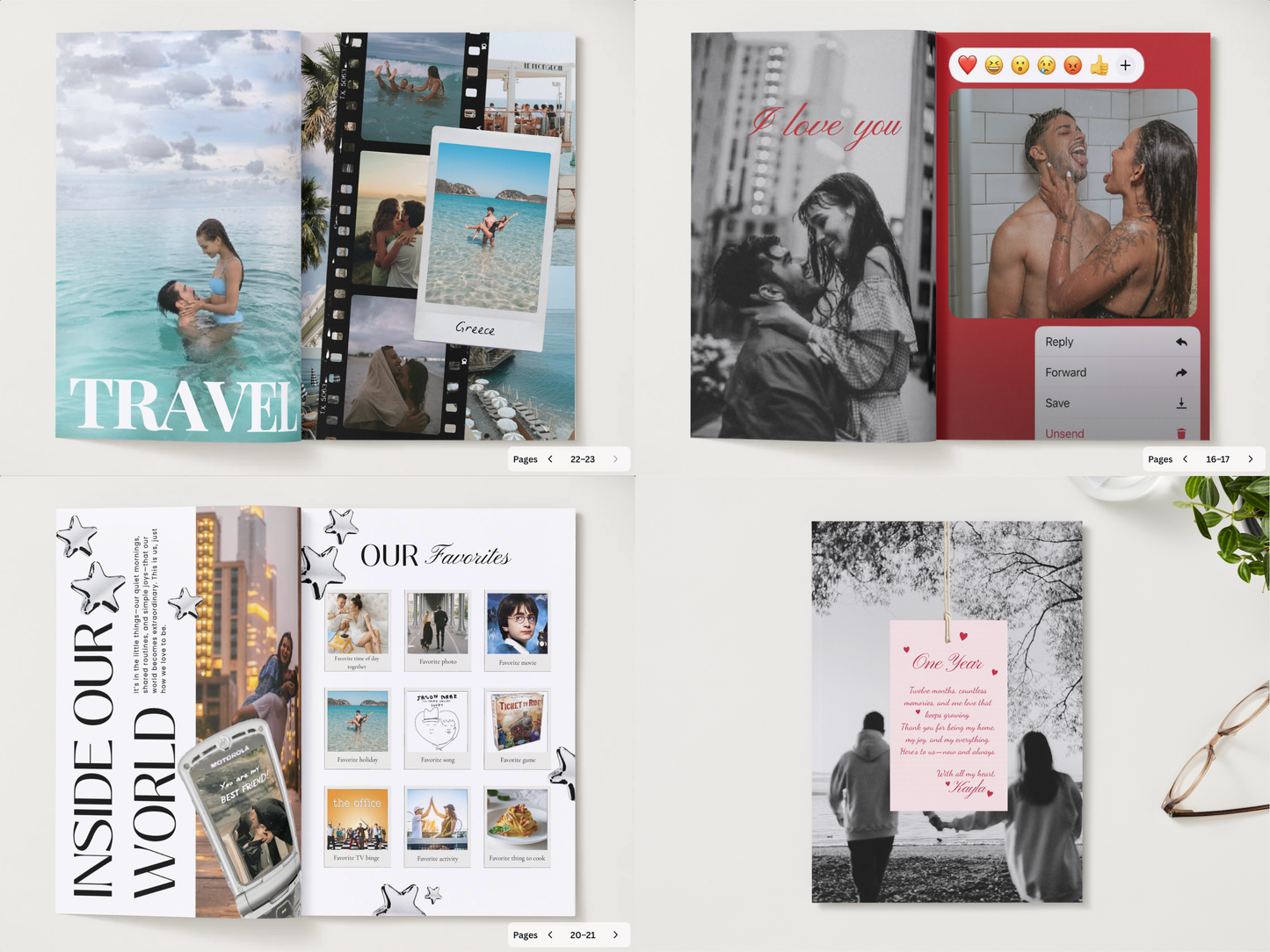 Four-page digital invitation template set displayed on a light gray background, featuring travel-themed layouts, a red 'I love you' card, an 'Inside Our World' page, and a black-and-white couple portrait with a pink 'Come See' card.