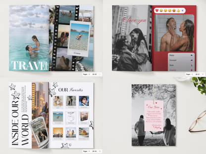 Four-page digital invitation template set displayed on a light gray background, featuring travel-themed layouts, a red 'I love you' card, an 'Inside Our World' page, and a black-and-white couple portrait with a pink 'Come See' card.