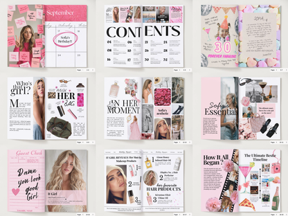A 3x3 grid showing multiple pages from a pink and white aesthetic photo journal or planner template, featuring sections like 'CONTENTS', 'September', 'Who's the girl?', 'HER 365', and 'Sofia's essential'.