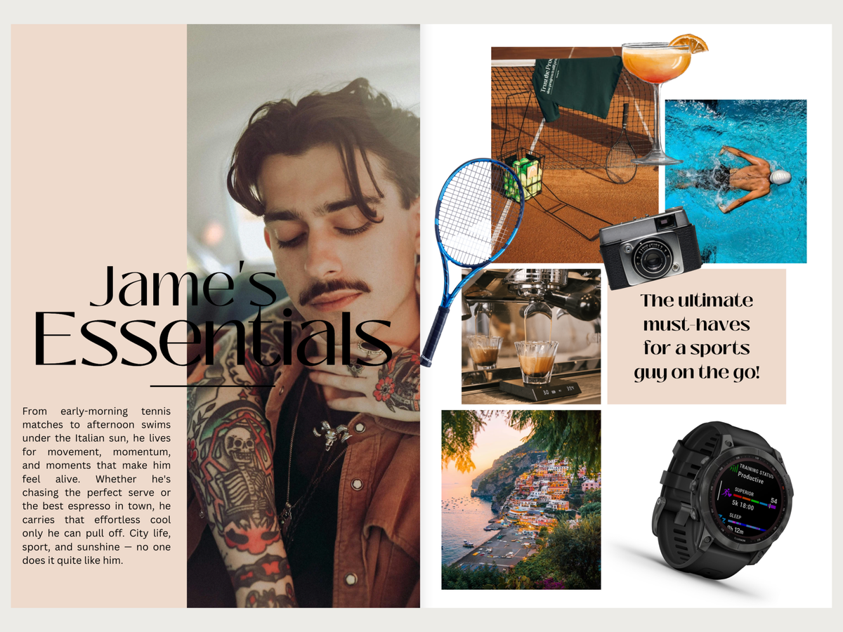 A styled editorial collage titled 'Jame's Essentials' featuring a man with tattoos and a tennis racket, alongside smaller photos of a swimmer in a pool, a camera, a coffee machine, a watch, and a scenic landscape. Text on the right reads, 'The ultimate must-have for a sports guy on the go.