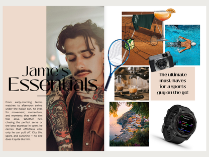 A styled editorial collage titled 'Jame's Essentials' featuring a man with tattoos and a tennis racket, alongside smaller photos of a swimmer in a pool, a camera, a coffee machine, a watch, and a scenic landscape. Text on the right reads, 'The ultimate must-have for a sports guy on the go.