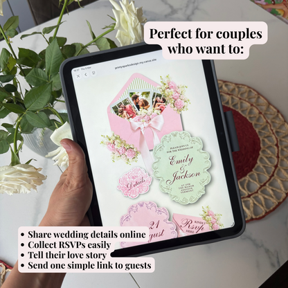 A hand holds a tablet showing a digital wedding invitation template with pink floral designs and customizable text. White roses and a woven placemat are visible on a light tabletop, with promotional text overlays describing features for couples.
