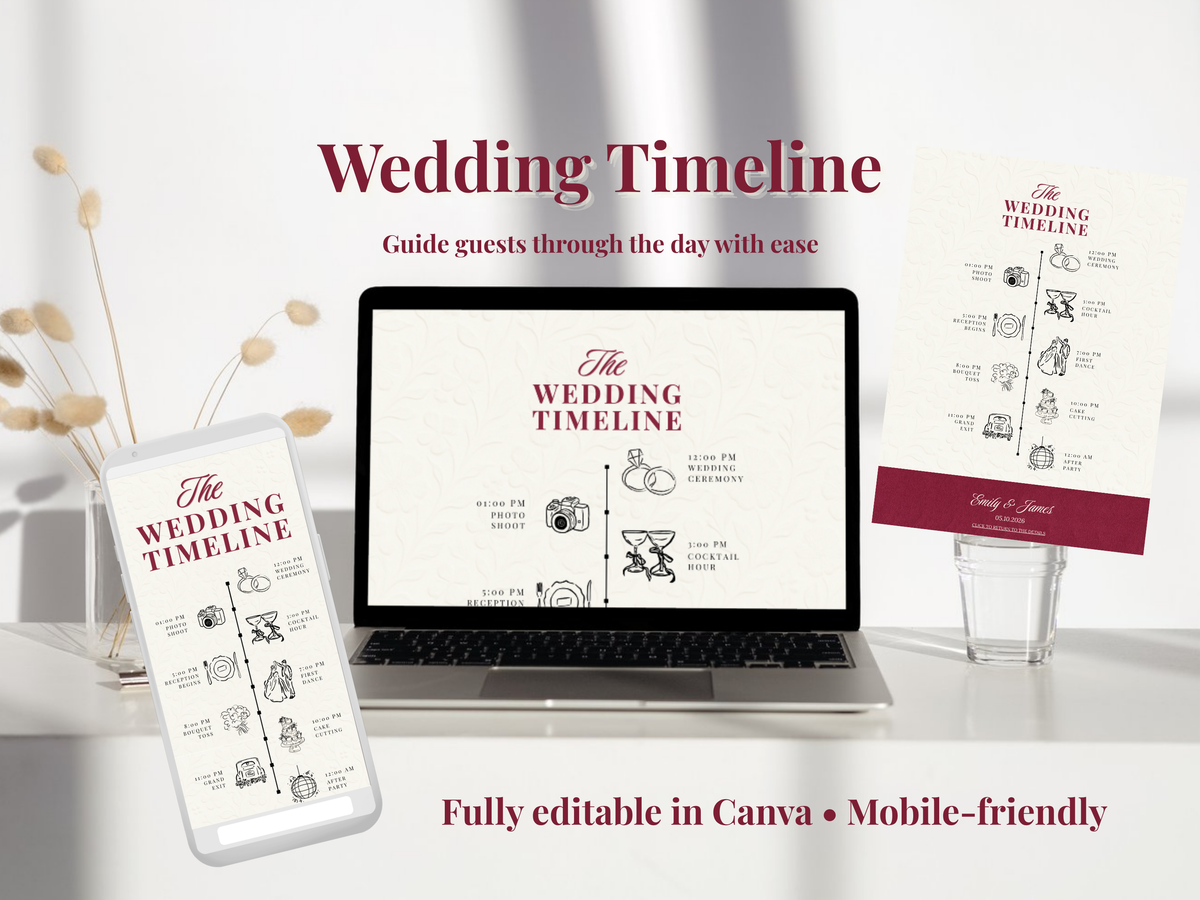 A wedding timeline stationery mockup displayed on a laptop screen, a smartphone, and a printed card stand, with decorative dried stems on the left. Text reads 'Wedding Timeline' and 'Fully editable in Canva • Mobile-friendly'.