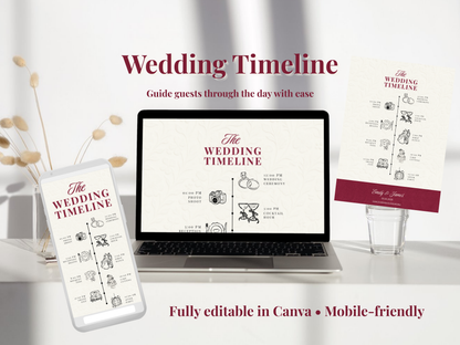 A wedding timeline stationery mockup displayed on a laptop screen, a smartphone, and a printed card stand, with decorative dried stems on the left. Text reads 'Wedding Timeline' and 'Fully editable in Canva • Mobile-friendly'.