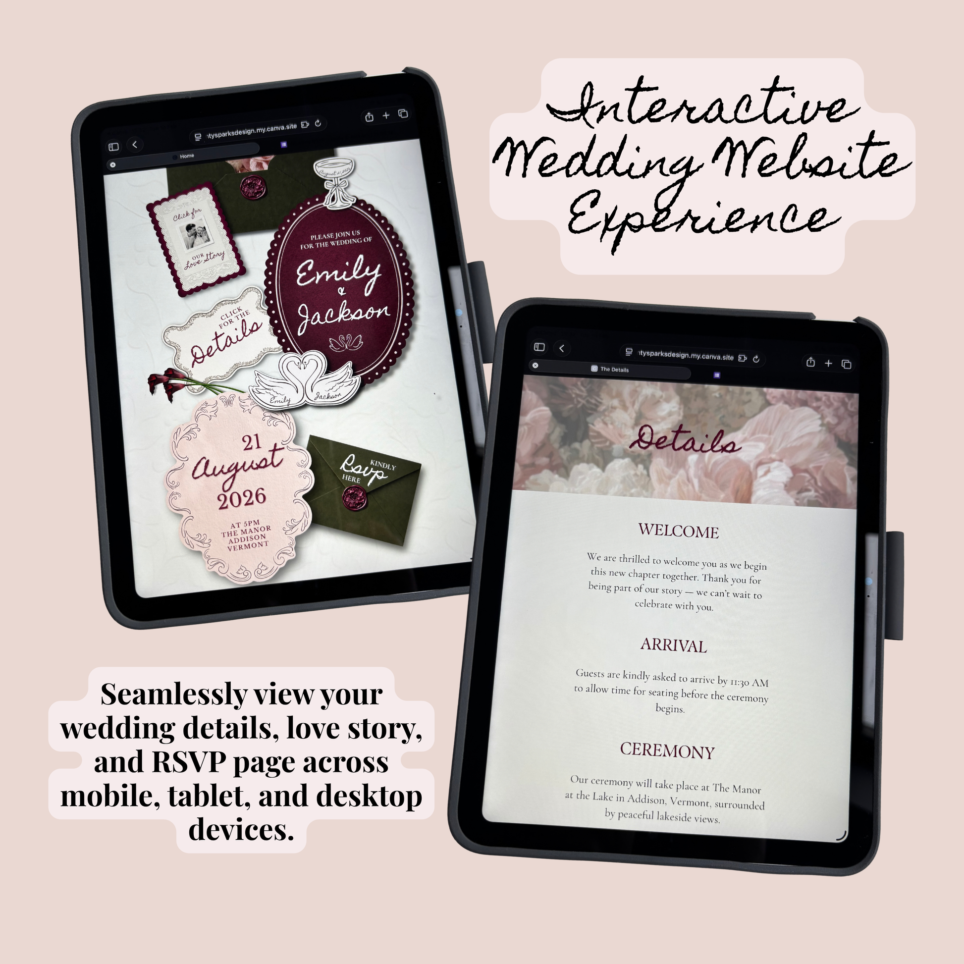 Two digital mockups of a wedding website displayed on tablet screens against a light beige background, with decorative text reading 'Interactive Wedding Website Experience' and additional descriptive copy about viewing wedding details across devices.