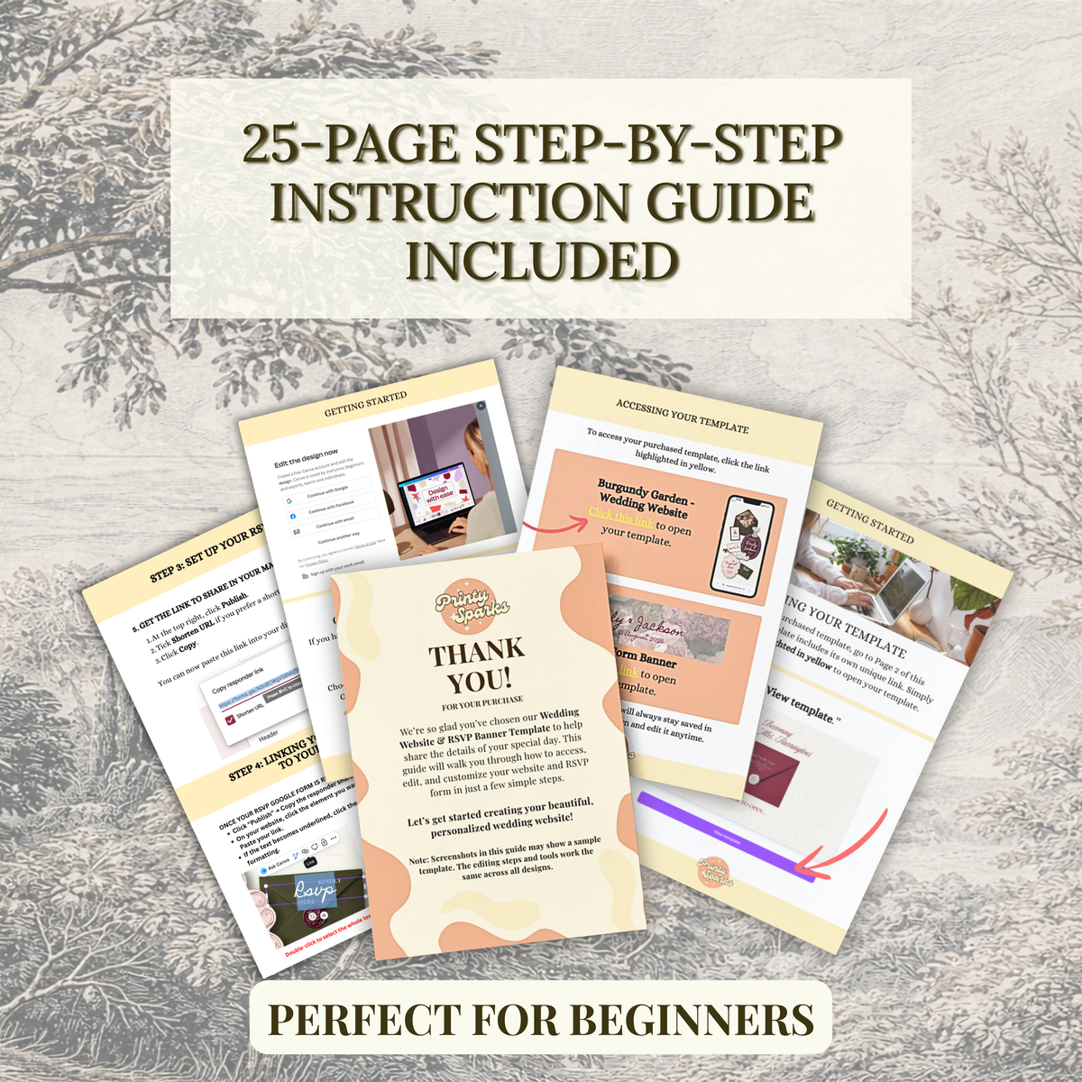 Promotional graphic for a digital or printed 25-page step-by-step instruction guide, showing several overlapping guide pages with a thank-you page, screenshots, and decorative beige and peach sections. Large text at the top reads '25-PAGE STEP-BY-STEP INSTRUCTION GUIDE INCLUDED,' and a banner at the bottom says 'PERFECT FOR BEGINNERS.