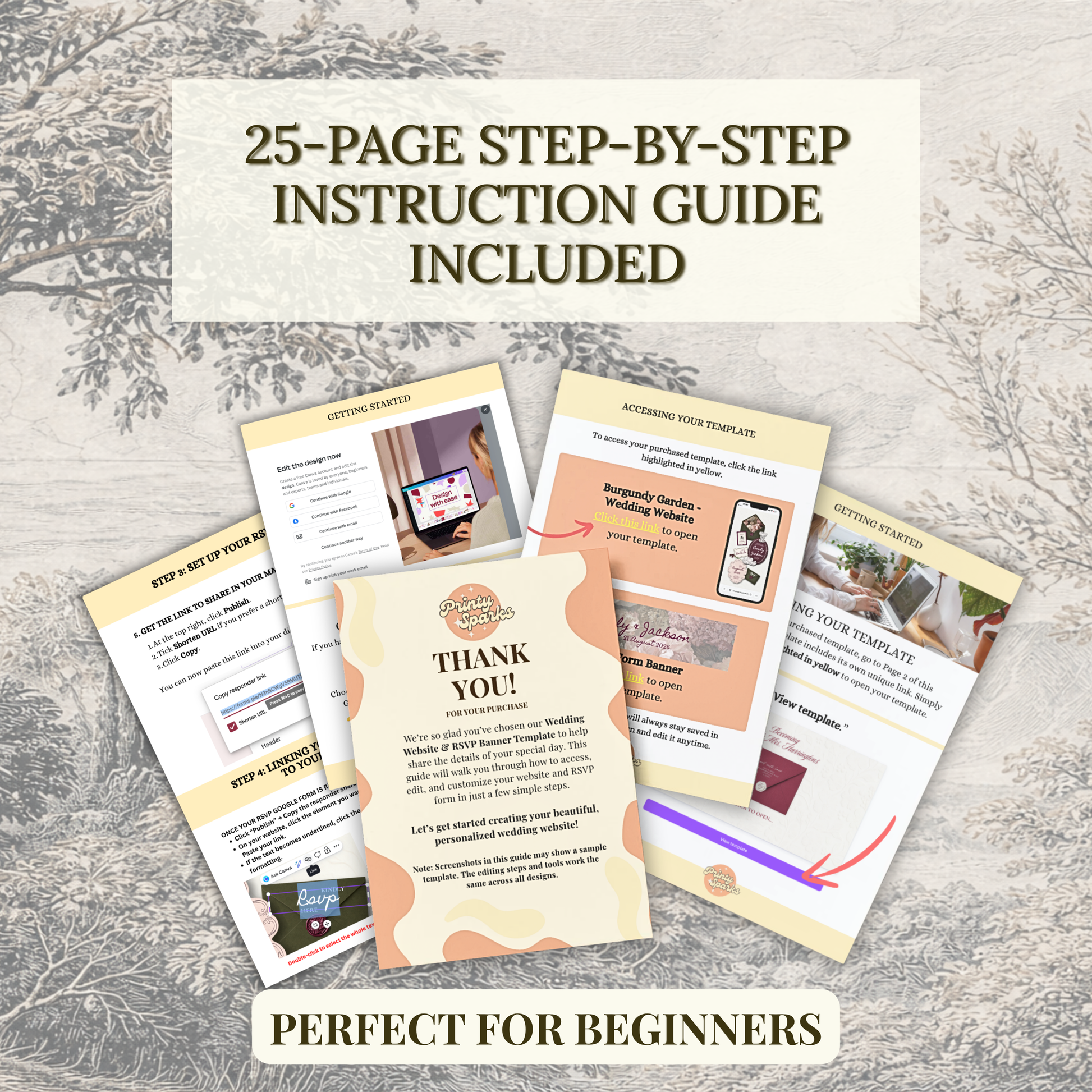 Promotional graphic for a digital or printed 25-page step-by-step instruction guide, showing several overlapping guide pages with a thank-you page, screenshots, and decorative beige and peach sections. Large text at the top reads '25-PAGE STEP-BY-STEP INSTRUCTION GUIDE INCLUDED,' and a banner at the bottom says 'PERFECT FOR BEGINNERS.