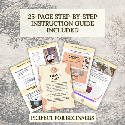 Promotional graphic for a digital or printed 25-page step-by-step instruction guide, showing several overlapping guide pages with a thank-you page, screenshots, and decorative beige and peach sections. Large text at the top reads '25-PAGE STEP-BY-STEP INSTRUCTION GUIDE INCLUDED,' and a banner at the bottom says 'PERFECT FOR BEGINNERS.