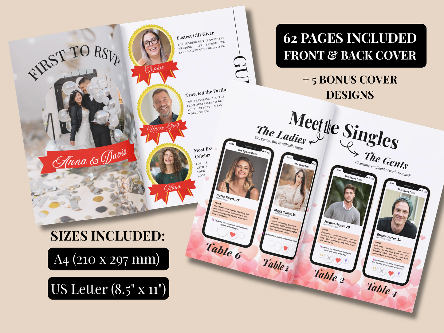 Promotional graphic for a wedding invitation suite showing an open invitation with sample photos and text, a closed invitation with table layouts, and text stating 62 pages included, plus sizes A4 and US Letter. This is not a clean product photo of a physical item in a studio and not a lifestyle scene; it functions as a digital product preview, so subject_type is Other.