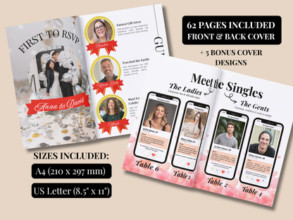 Promotional graphic for a wedding invitation suite showing an open invitation with sample photos and text, a closed invitation with table layouts, and text stating 62 pages included, plus sizes A4 and US Letter. This is not a clean product photo of a physical item in a studio and not a lifestyle scene; it functions as a digital product preview, so subject_type is Other.