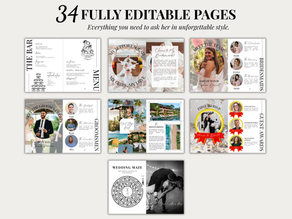 A promotional layout showing multiple wedding invitation and program page designs arranged on a light gray background, with large text at the top reading '34 FULLY EDITABLE PAGES' and smaller text below.