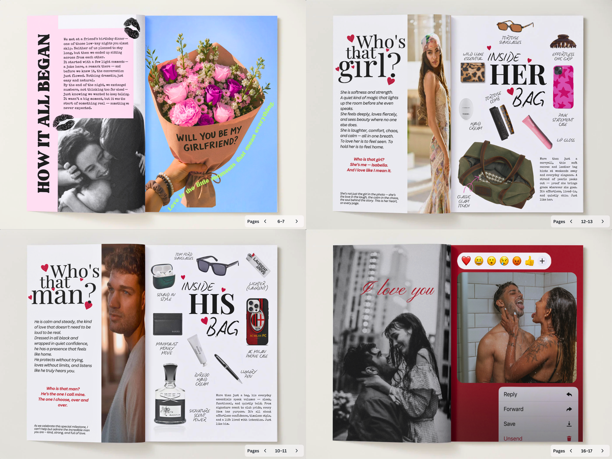 A four-panel preview of a digital social media story template set, titled 'Who's that girl?', 'Who's that man?', and 'HOW IT ALL BEGAN'. The templates feature a clean, modern aesthetic with pink, red, black, and white color blocks, text placeholders, and mockup images of people and fashion accessories.