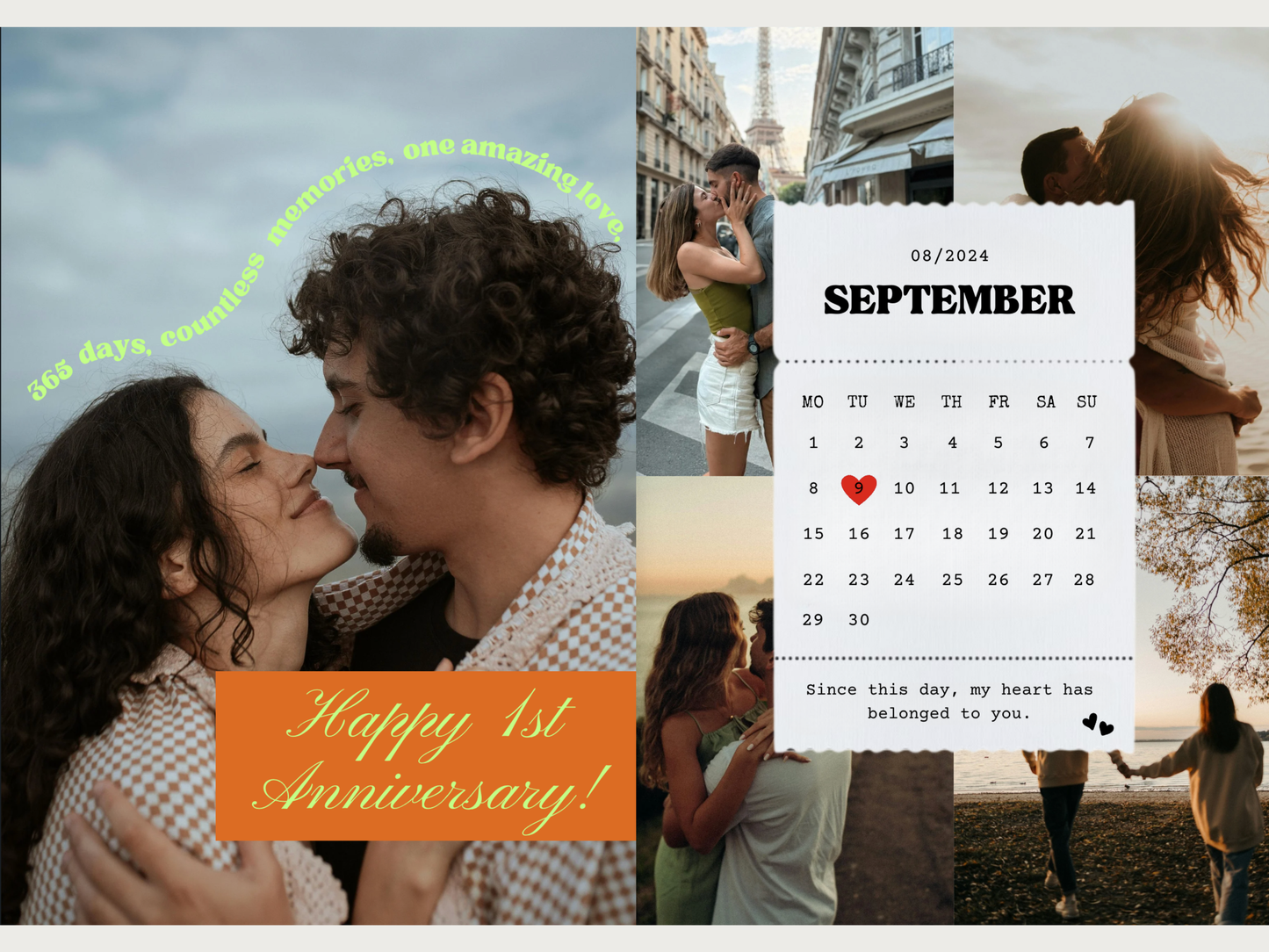 A collage-style anniversary greeting card or print featuring photos of a couple, a September calendar with a red heart on the 8th, and text reading 'Happy 1st Anniversary!' and 'Since this day, my heart has belonged to you.'.