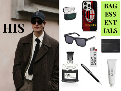 A men's fashion accessory bundle labeled 'HIS BAG ESSENTIALS' featuring a man in a brown coat and sunglasses on the left, and individual product photos on the right including a black AC Milan phone case, sunglasses, a Launer perfume bottle, a Saint Laurent lighter, a Gucci card holder, and other accessories.