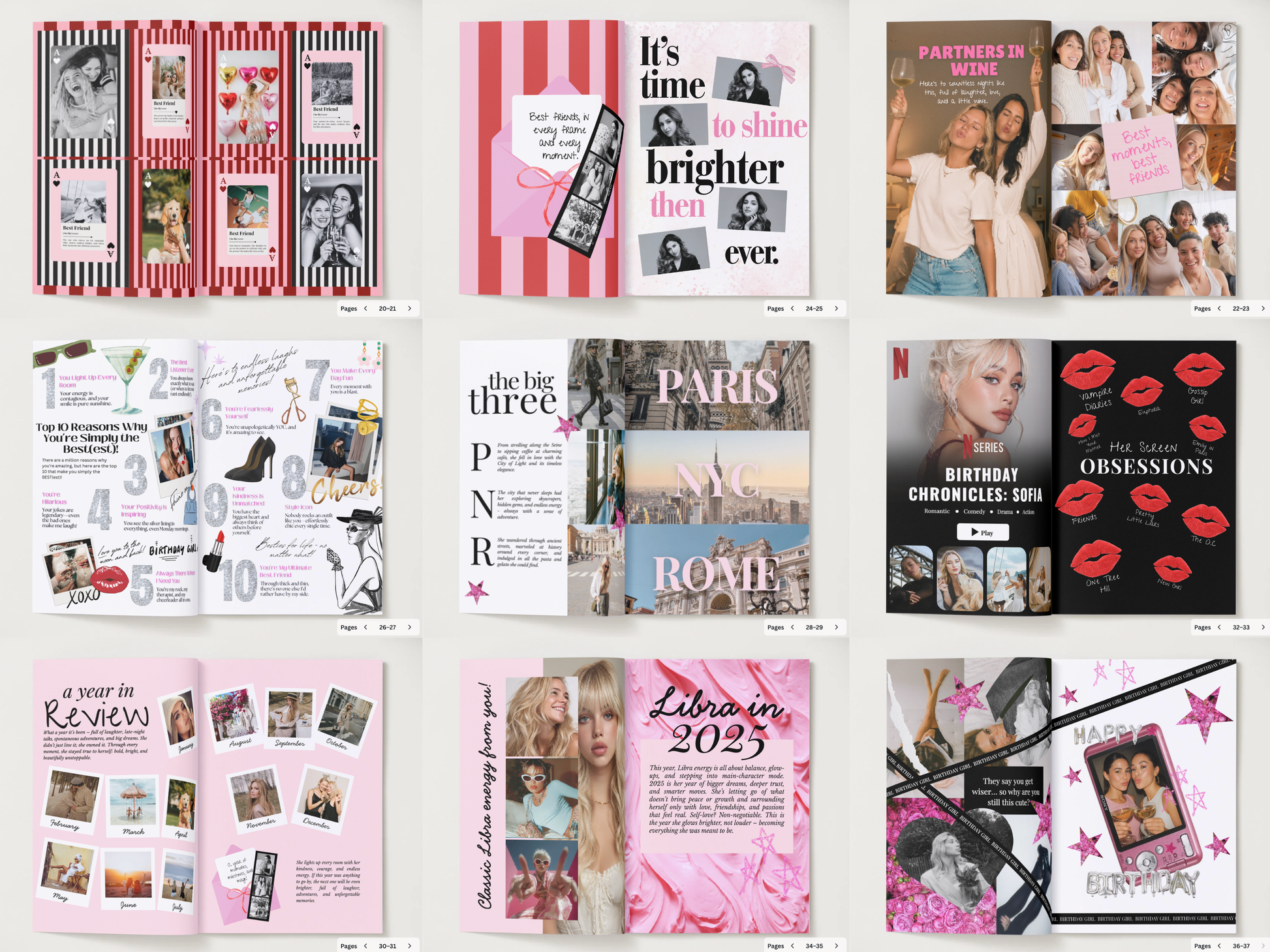 A 3x3 grid showing nine different fashion and beauty-themed social media story templates with pink, black, white, and red designs, featuring text, lip prints, photos, and fashion elements.
