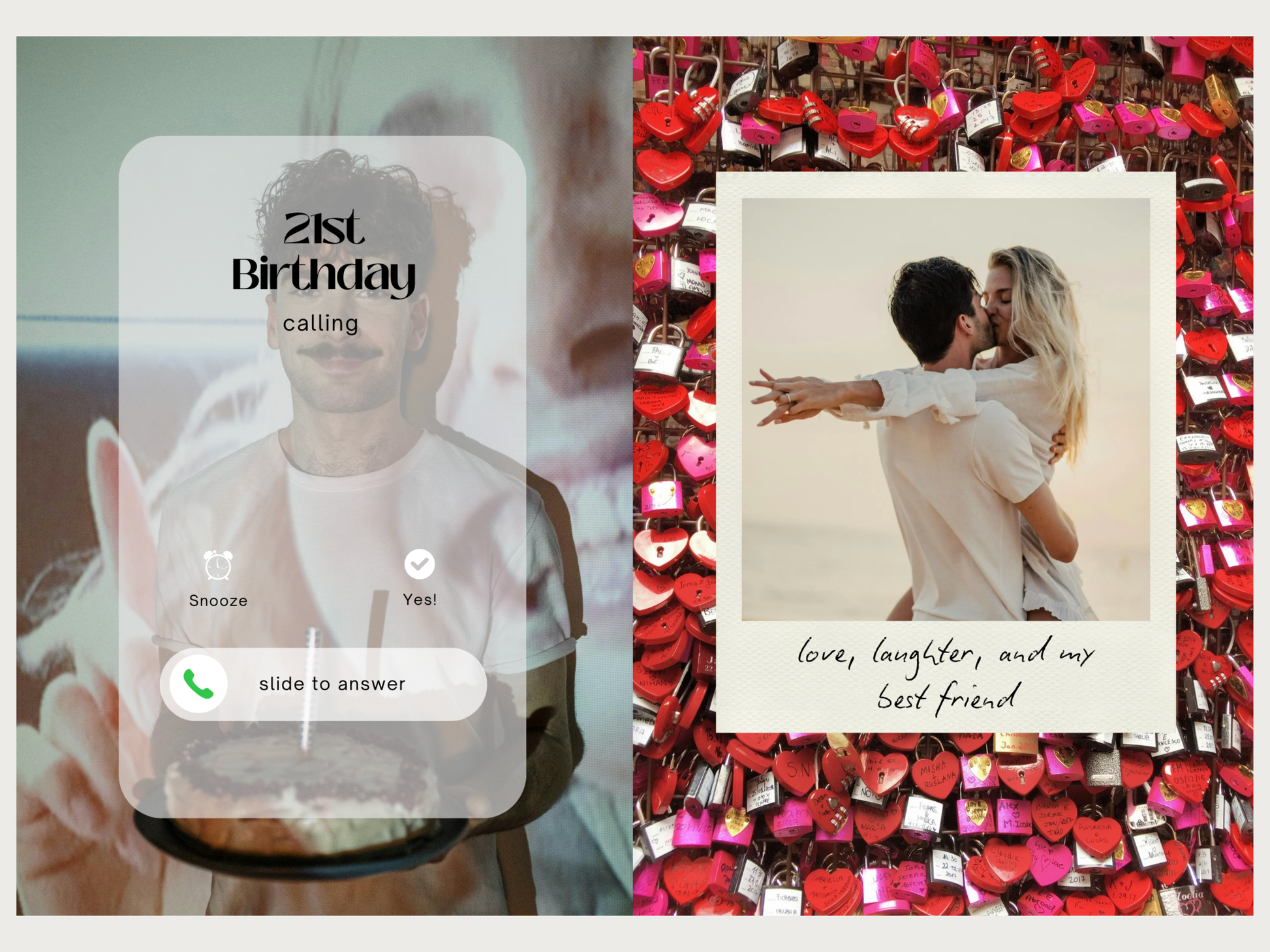 A digital preview of a social media story template featuring a left panel with a semi-transparent call interface overlay reading '21st Birthday calling' over a blurred photo of a man holding a cake, and a right panel showing a polaroid-style photo of a couple surrounded by red heart-shaped love locks with the caption 'love, laughter, and our best friend'.