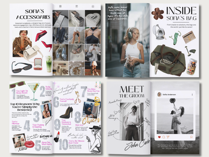 A collage of six fashion magazine-style editorial pages and social media posts arranged in a grid. The pages feature fashion photography, text headings such as 'Sofia's Accessories,' 'Inside Sofia's Bag,' and 'Meet the Groom,' plus styled accessories and outfit imagery.