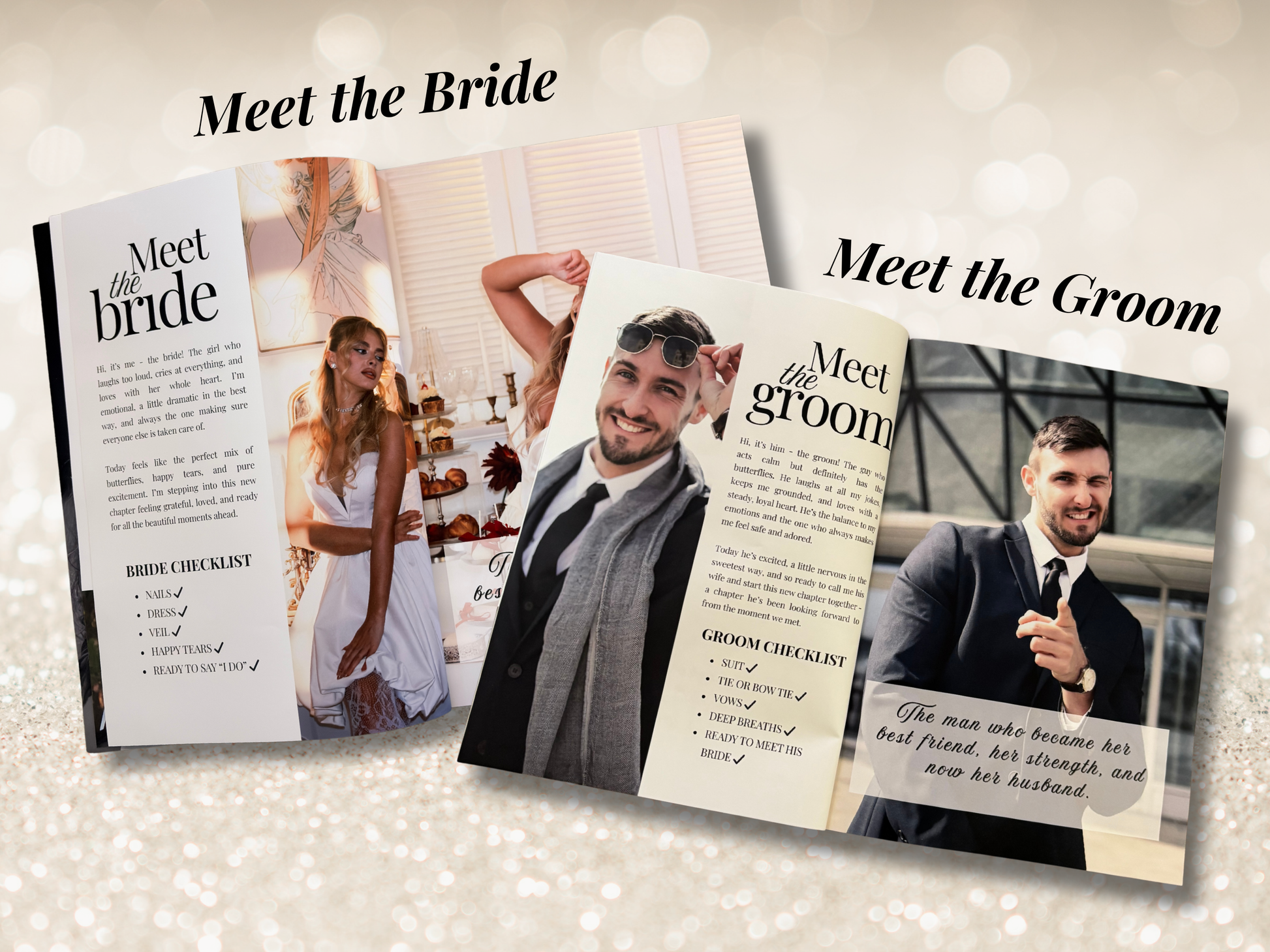 Two open wedding invitation or program-style brochures displayed on a light glittery background, with the headings 'Meet the Bride' and 'Meet the Groom' above them. The brochures feature photos of a bride in a white dress and a groom in a gray suit, along with text sections and checklists.