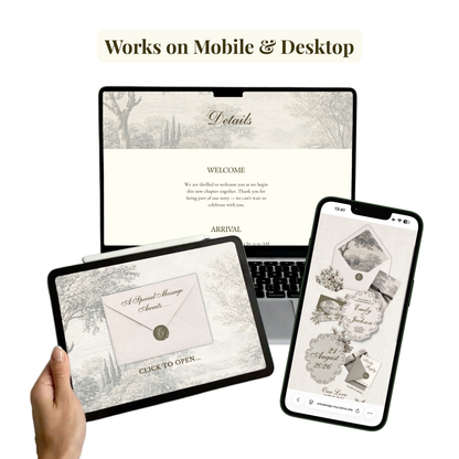 A promotional graphic showing a tablet held in a hand and two smartphones displaying matching vintage-style invitation templates on a white background, with the text 'Works on Mobile & Desktop' above.