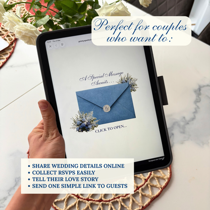 A hand holds a tablet showing a digital wedding invitation design with a blue envelope graphic and text reading 'A Special Message awaits.