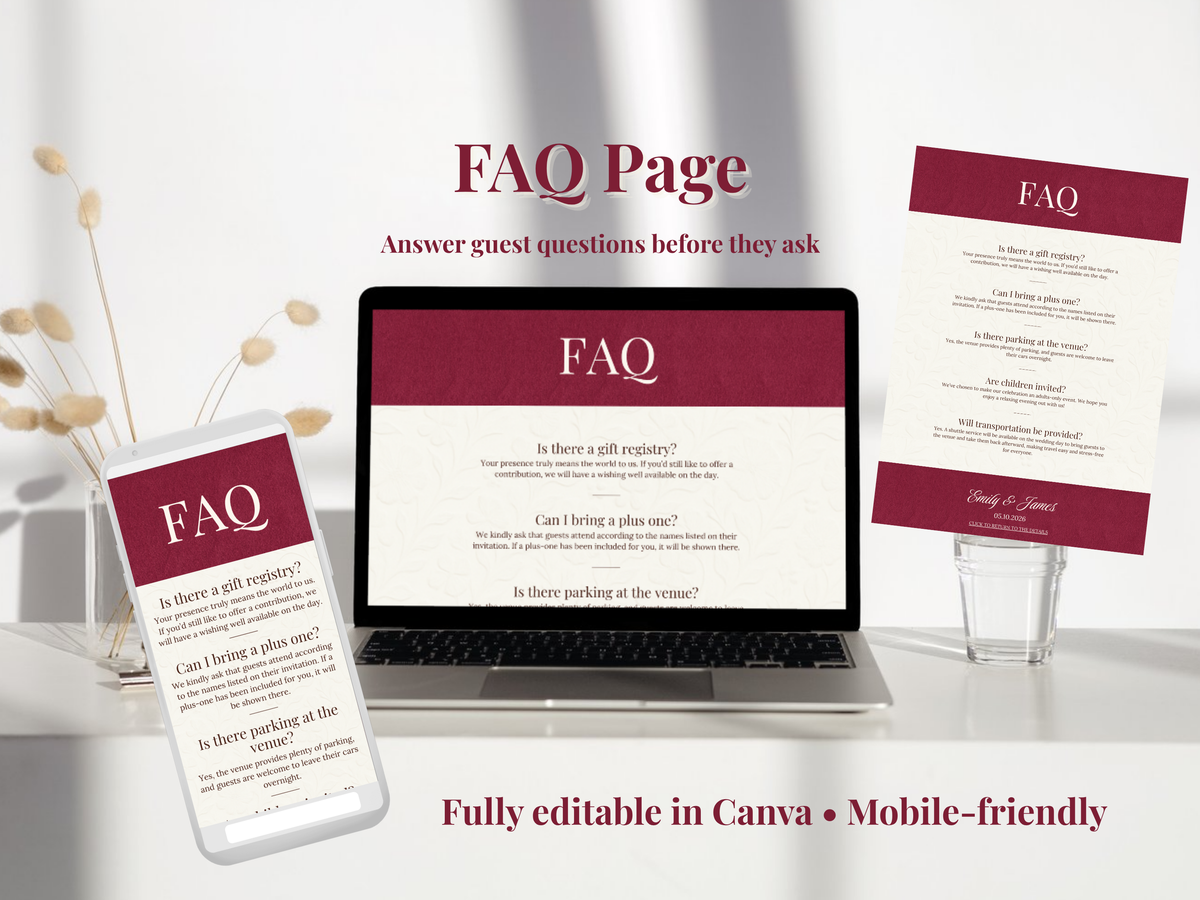 A digital mockup showing an FAQ page template displayed on a laptop screen, with matching printed cards standing on both sides on a white surface. Text at the top reads 'FAQ Page' and text at the bottom says 'Fully editable in Canva • Mobile-friendly'.