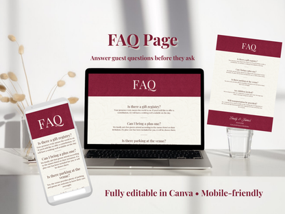 A digital mockup showing an FAQ page template displayed on a laptop screen, with matching printed cards standing on both sides on a white surface. Text at the top reads 'FAQ Page' and text at the bottom says 'Fully editable in Canva • Mobile-friendly'.