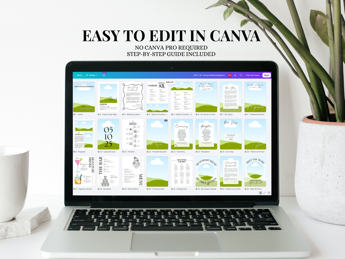 A laptop on a white desk displaying wedding invitation template pages, with text above reading 'EASY TO EDIT IN CANVA' and a potted plant to the right.