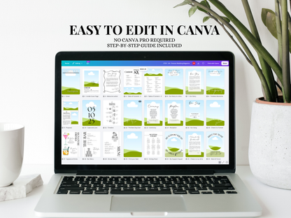 A laptop on a white desk displaying wedding invitation template pages, with text above reading 'EASY TO EDIT IN CANVA' and a potted plant to the right.