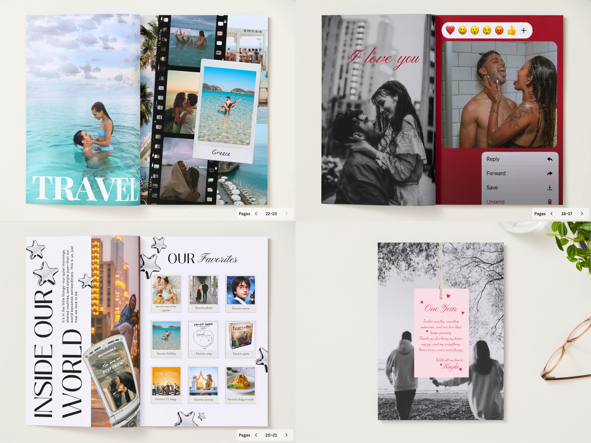 Four sample pages of a digital photo album template displayed on a light beige background with decorative props like eyeglasses and a plant. The templates feature travel-themed layouts, black-and-white couple photos, a red messaging interface mockup, and a pink 'Can You' card design.