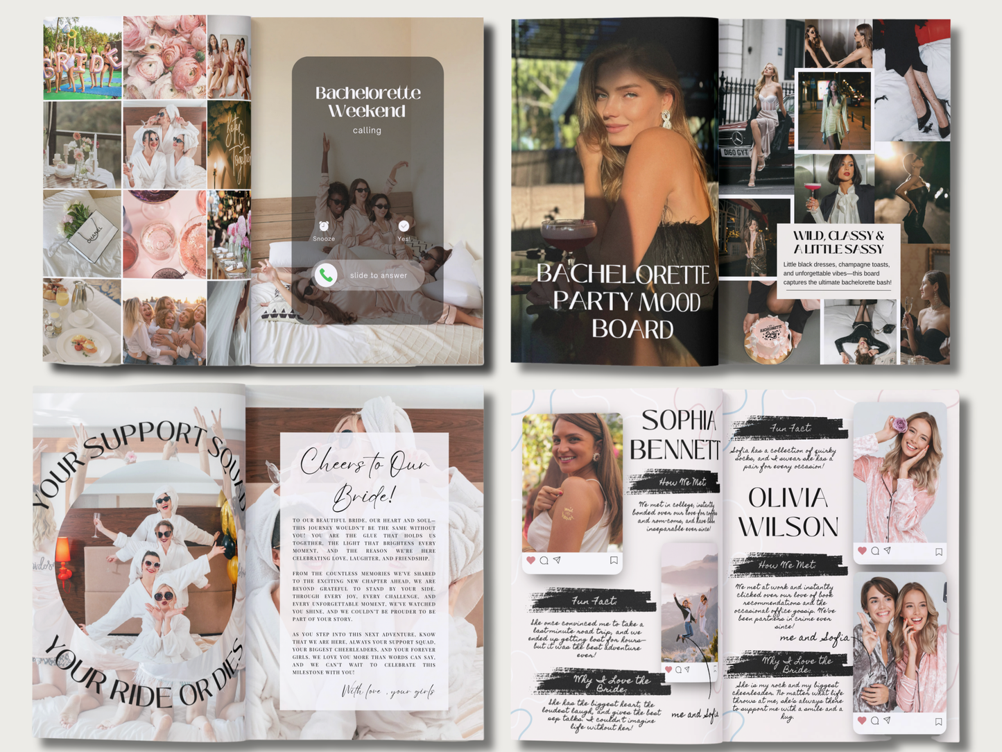 A collage of six bachelorette party board and invitation template designs, featuring wedding and bachelorette photo collages, text layouts, and decorative graphics on a white background.