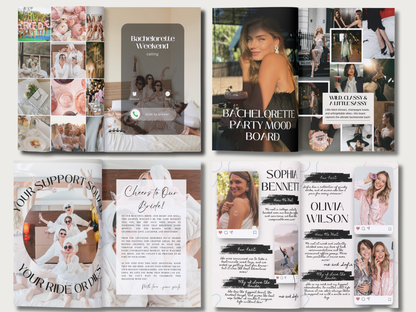 A collage of six bachelorette party board and invitation template designs, featuring wedding and bachelorette photo collages, text layouts, and decorative graphics on a white background.