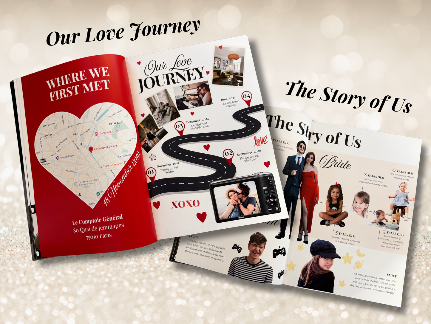 A styled flat-lay of three open wedding keepsake albums with printed pages, photos, a map heart, and decorative text on a soft beige glittery background. The albums are arranged overlapping each other, with one showing a red cover and another showing white pages with black text and photos.