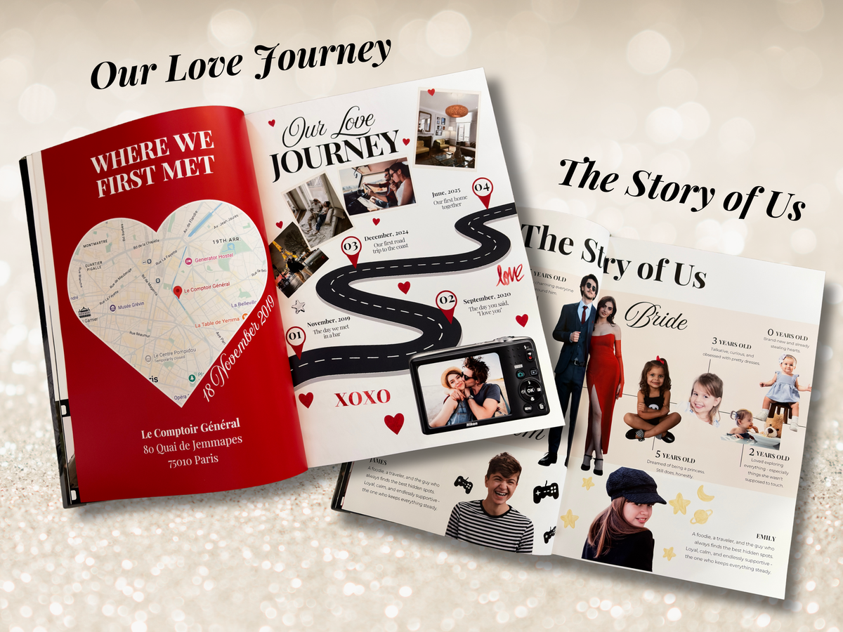 A styled flat-lay of three open wedding keepsake albums with printed pages, photos, a map heart, and decorative text on a soft beige glittery background. The albums are arranged overlapping each other, with one showing a red cover and another showing white pages with black text and photos.