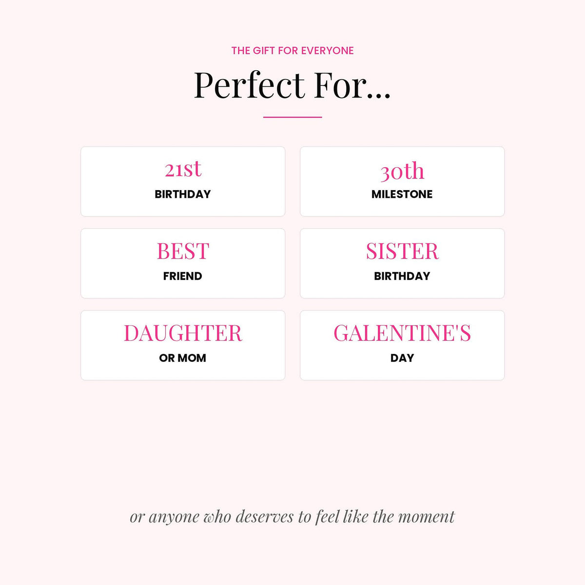A pink and white graphic card with text reading 'The Gift for Everyone Perfect For.