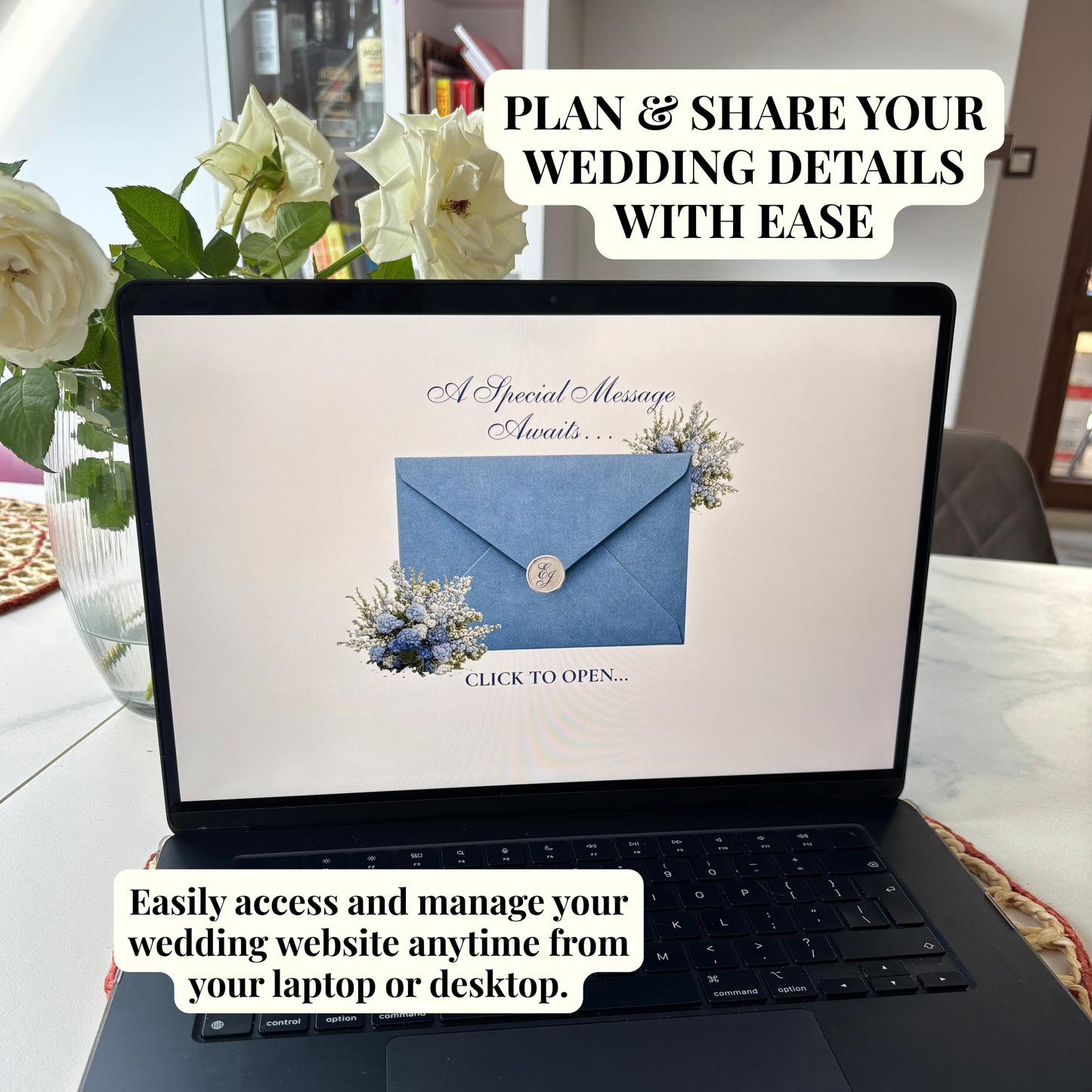 A laptop on a table displaying a wedding website with a blue envelope graphic and text reading 'A Special Message awaits.